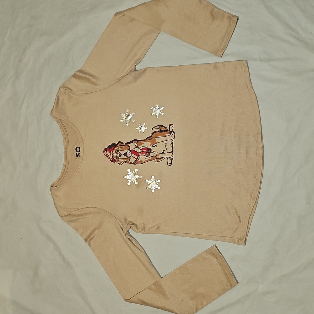 SO Girls XL 14/16 Long Sleeve Tan Top Saint Bernard, Snowflakes Used